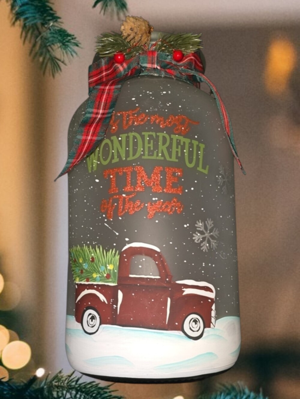 Holiday Glass Jar Lantern with Red Truck Design - Christmas Home Holiday Decor